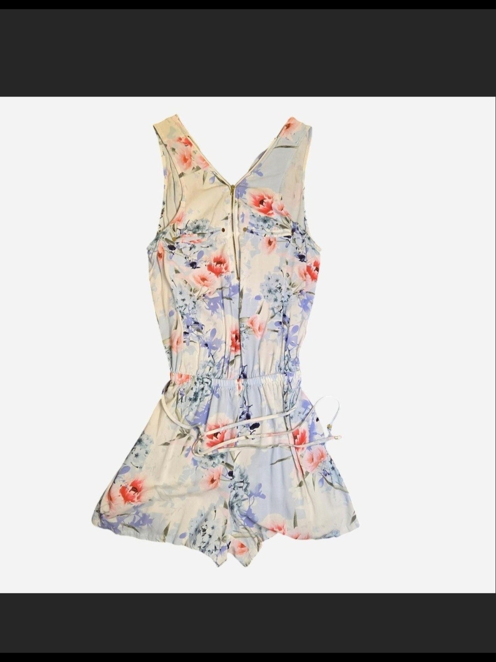 G by Guess Floral Cream and Light Blue Sleeveless Romper with Pink Blooms